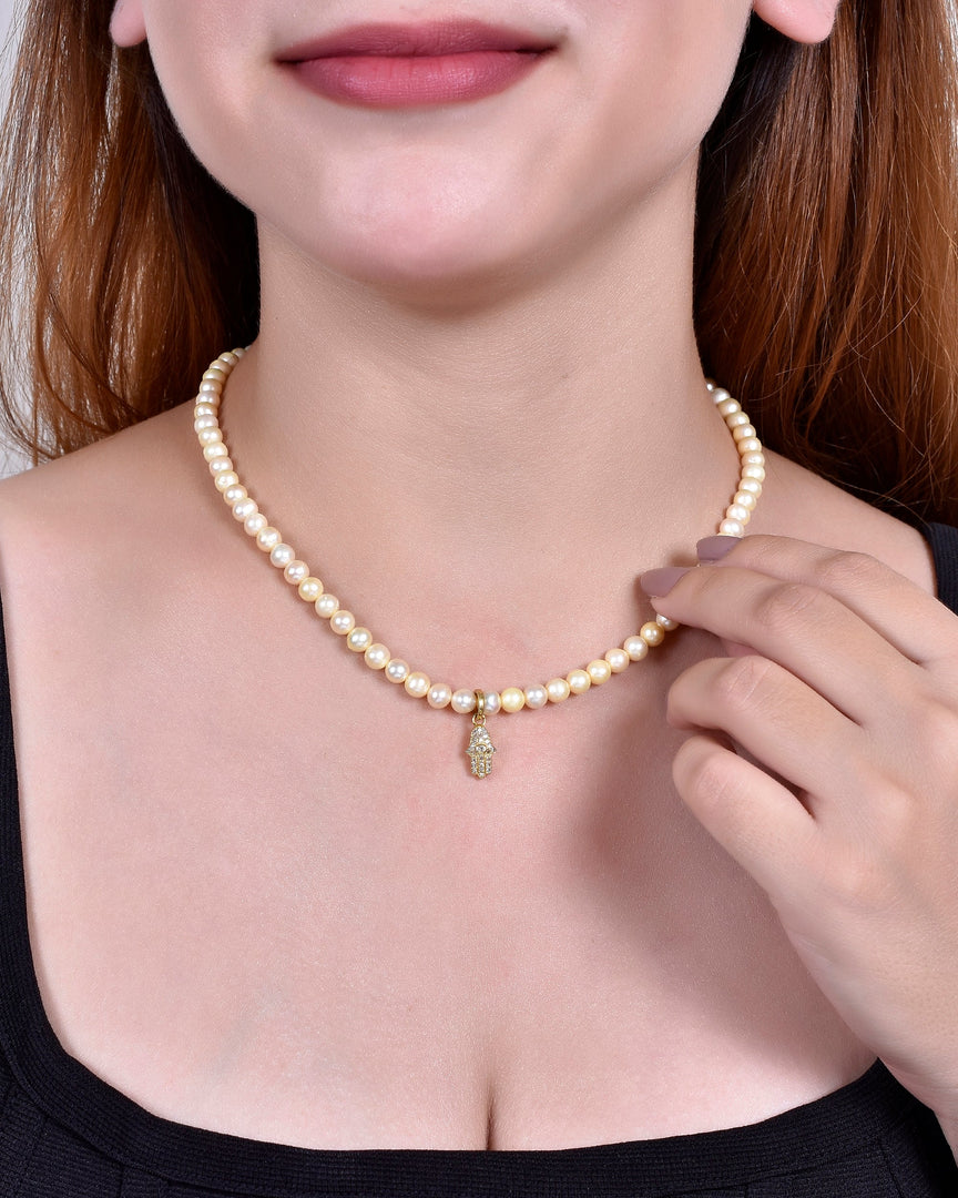 Hamsa Hand Golden Pearl Necklace