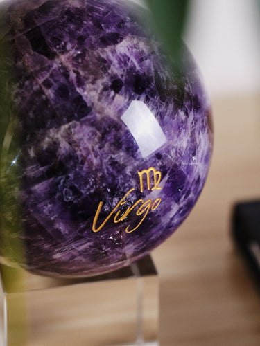 Engraved "Virgo" Chevron Amethyst Sphere